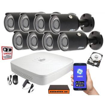 ZESTAW MONITORINGU IP Dahua NVR2108-S3 + 8x IPC-HFW1431S-0280B-S4-BLACK 4MPX 2.8mm IR30 1TB